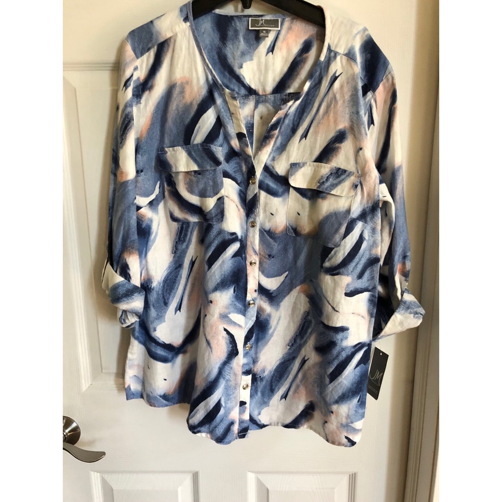 Button down linen shirt blue swirl design